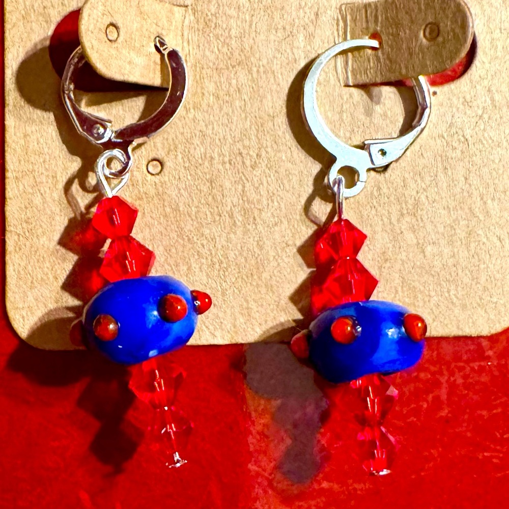NEW Hand Crafted Blue & Red Lampwork Glass & Crystal Pierced Earrings